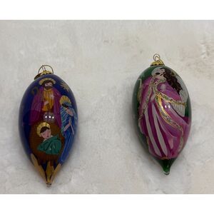 Pier 1 Li Bien Christmas Ornaments Blue with Nativity Green with Angel 2014EUC